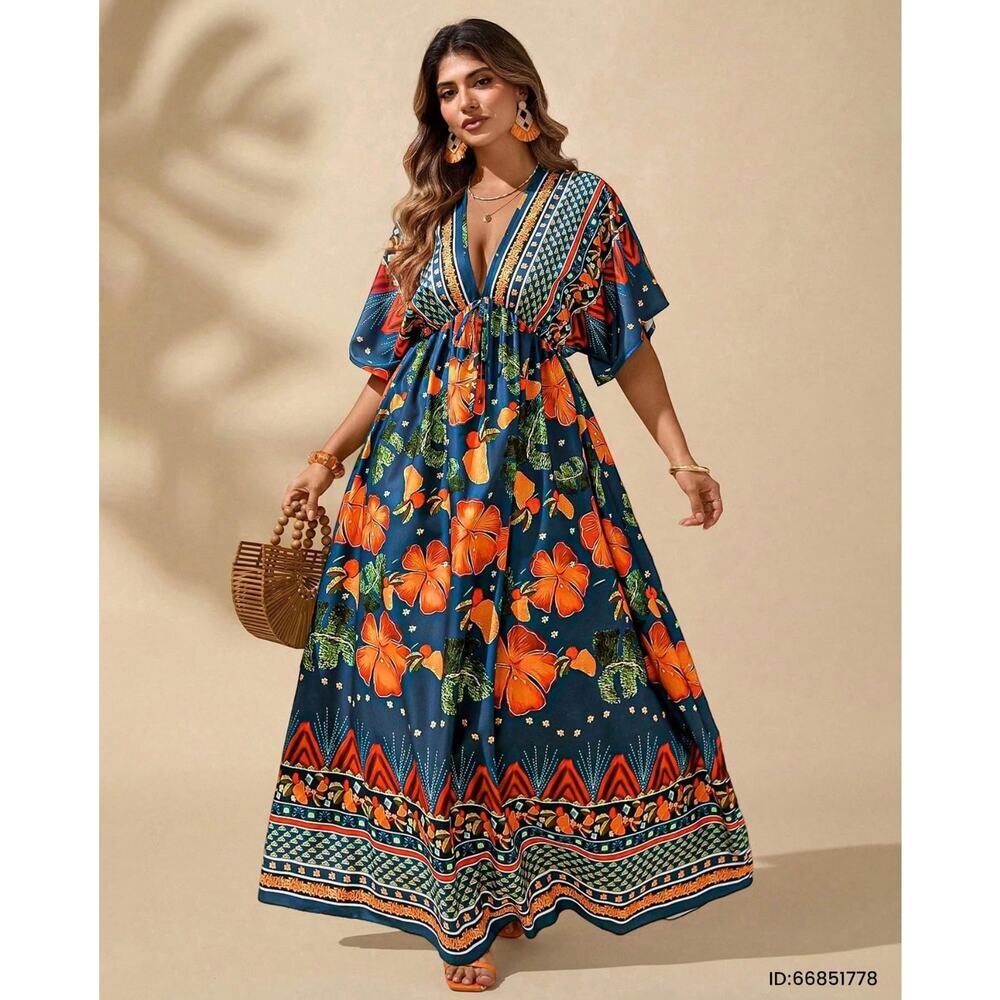 NWOT SHEIN Curve V-Neck Tropical Floral Maxi Dress, 1XL